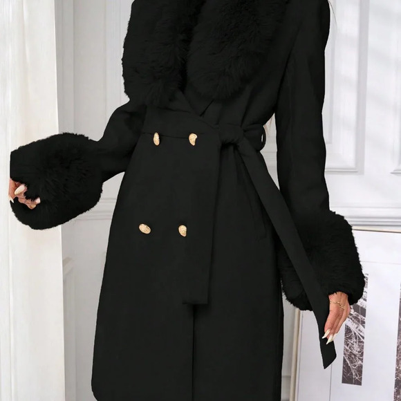 Black Elegant Women's Double-Breasted Belted Faux Fur Trimmed Wool Coat - Picture 5 of 7